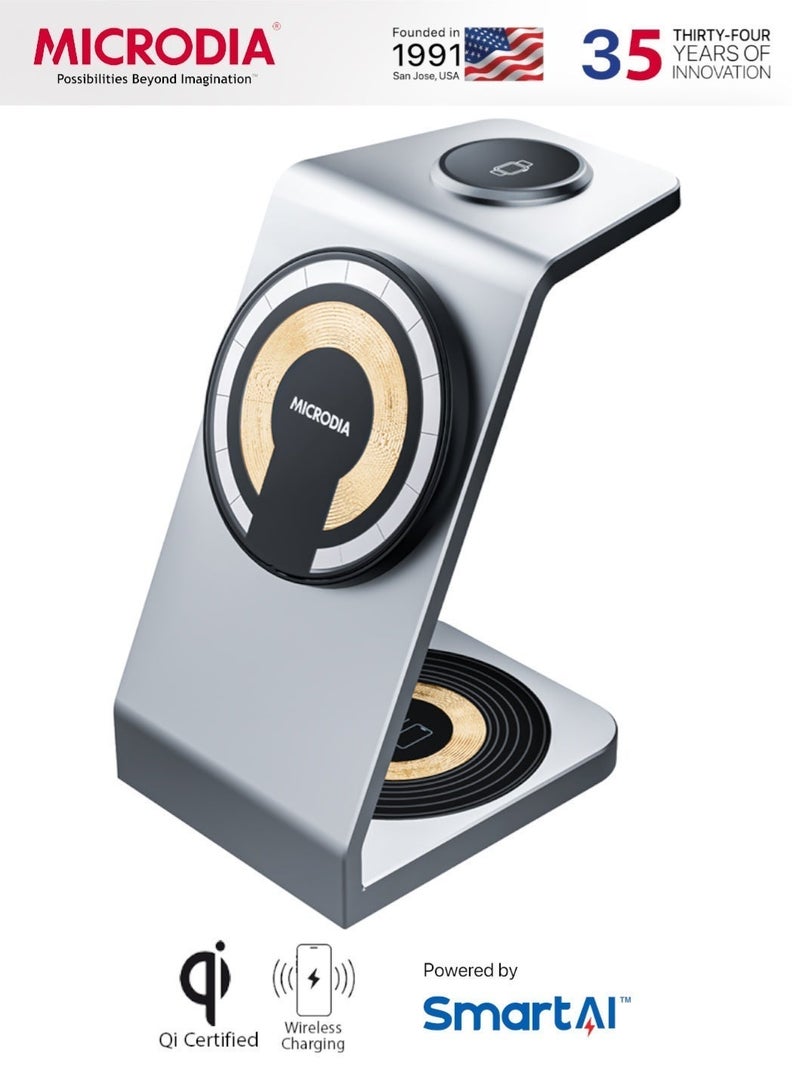 MICRODIA SNAPStation Aluminaire 23W 3-in-1 Aluminum Magnetic Wireless Charging Station, MagSafe Wireless Charger Stand for iPhone 16/15/14/13, AirPods & Watch, Qi Fast Charging Dock – Silver - Image 1